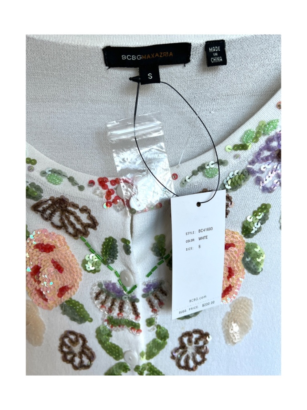 NWT BCBGMAXAZRIA White Knit Cardigan Embroidered Sequin Beaded Size S - Picture 7 of 7